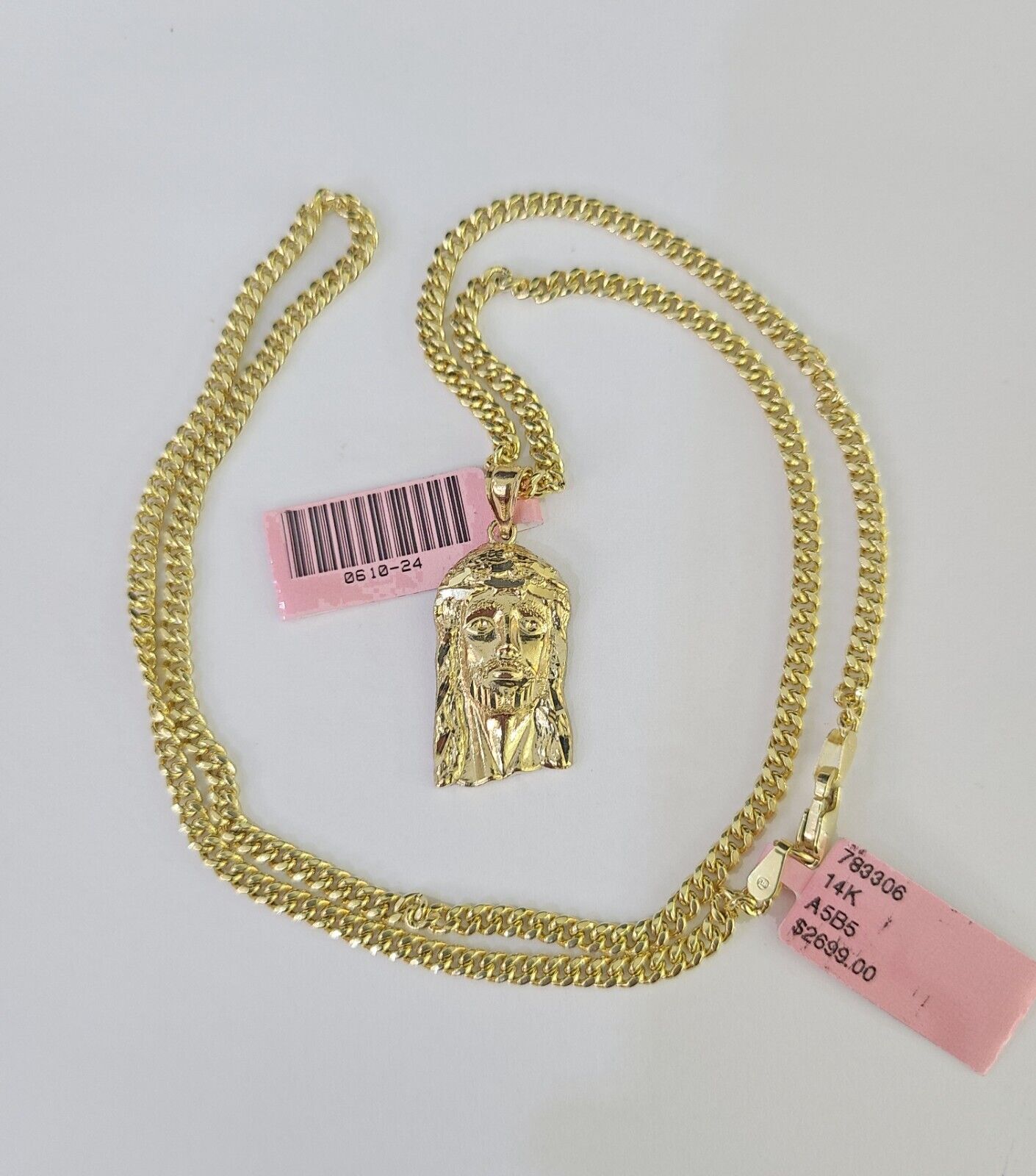 14k Miami Cuban Chain Jesus Head Charm Yellow Gold Set 3mm 18"-28" Necklace