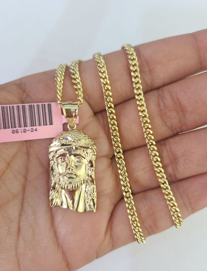 14k Miami Cuban Chain Jesus Head Charm Yellow Gold Set 3mm 18"-28" Necklace