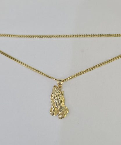 14k Miami Cuban Chain Praying Hands Charm Pendant 2mm 18" - 24inch SET Necklace - GoldenlinQ