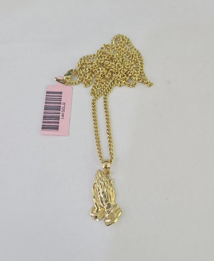 14k Miami Cuban Chain Praying Hands Charm Pendant 2mm 18" - 24inch SET Necklace - GoldenlinQ