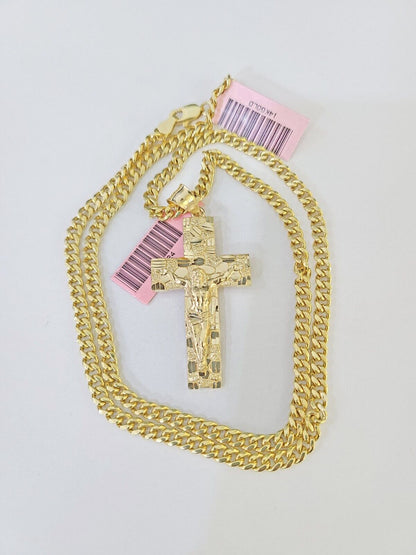 14k Nugget Cross Charm Miami Cuban Chain 4mm 24 inch SET Yellow Gold
