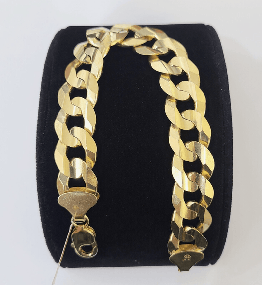 14K Real Yellow Gold Cuban Curb Bracelet 15mm Link 9" inch Genuine - Reva Jeweler