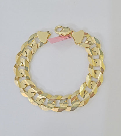 14K Real Yellow Gold Cuban Curb Bracelet 15mm Link 9" inch Genuine - Reva Jeweler