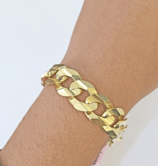 14K Real Yellow Gold Cuban Curb Bracelet 15mm Link 9" inch Genuine - Reva Jeweler