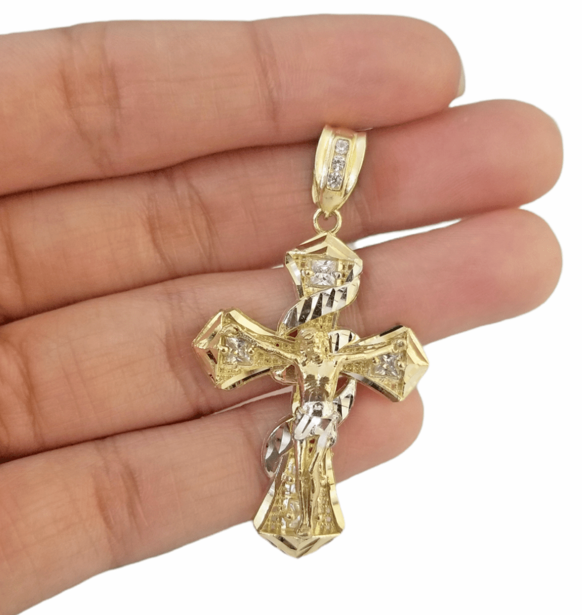 14K Real Yellow Gold Jesus Cross Diamond Cut Pendant Religious - Reva Jeweler