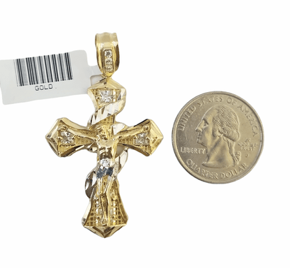 14K Real Yellow Gold Jesus Cross Diamond Cut Pendant Religious - Reva Jeweler