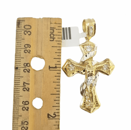 14K Real Yellow Gold Jesus Cross Diamond Cut Pendant Religious - Reva Jeweler