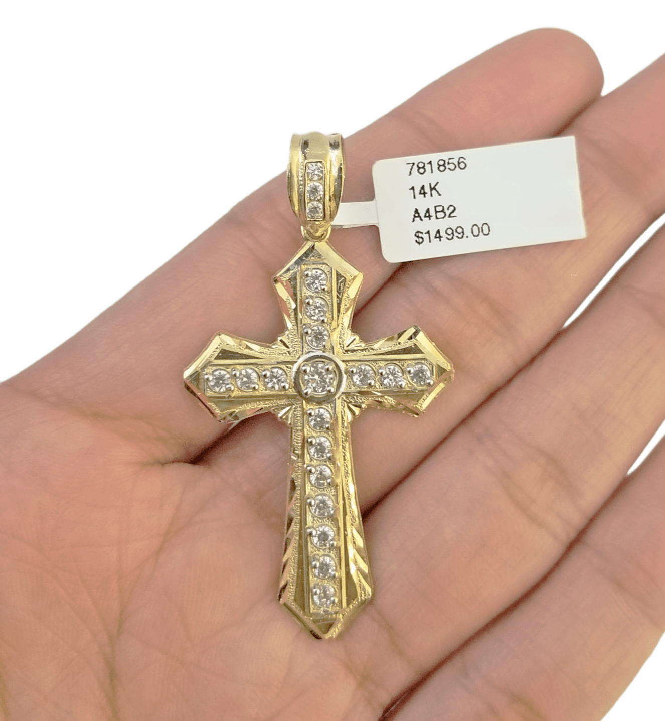 14K Real Yellow Gold Jesus Cross Diamond Cut Pendant Religious Charm - Reva Jeweler
