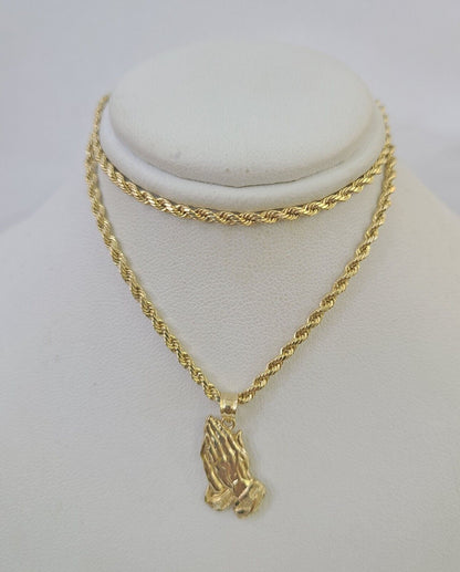 14k Rope Chain Praying Hands Charm Pendant Gold 2mm 18" - 24inch SET Necklace - GoldenlinQ