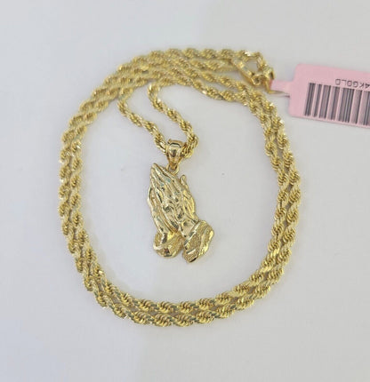 14k Rope Chain Praying Hands Charm Pendant Gold 2mm 18" - 24inch SET Necklace - GoldenlinQ