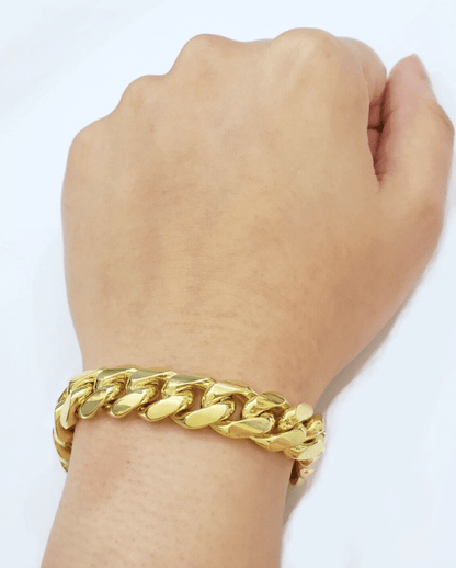 14k Solid Gold bracelet Miami Cuban Link 9 Inch 13mm Mens REAL 14 KT SOLID HEAVY - Reva Jeweler