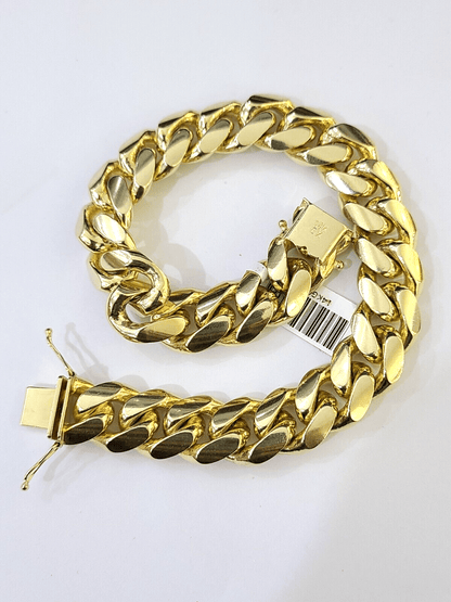 14K Solid Gold Miami Cuban Bracelet 9.5" Inch 13mm 14K Box Clasp Link - Reva Jeweler