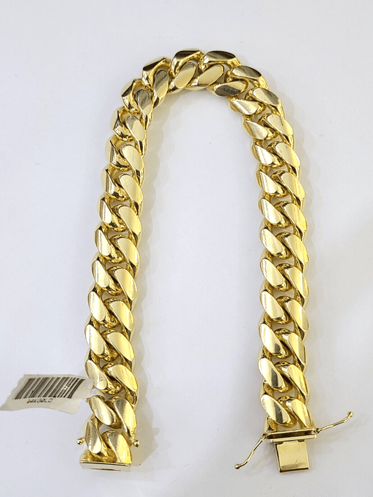 14K Solid Gold Miami Cuban Bracelet 9.5" Inch 13mm 14K Box Clasp Link - Reva Jeweler