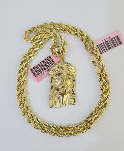 14k Solid Rope Chain Jesus Head Charm Set 4mm 18"-28" Inch Necklace Yellow Gold