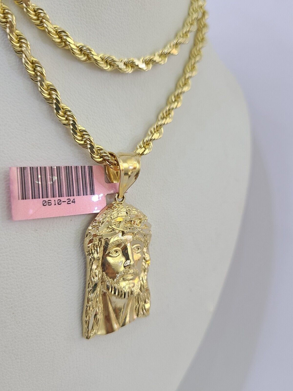 14k Solid Rope Chain Jesus Head Charm Set 4mm 18"-28" Inch Necklace Yellow Gold