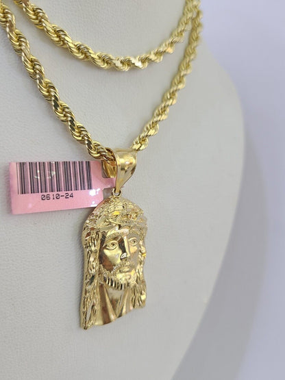 14k Solid Rope Chain Jesus Head Charm Set 4mm 18"-28" Inch Necklace Yellow Gold
