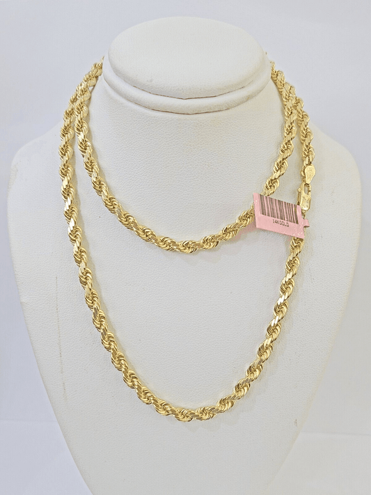 14K Solid Yellow Gold 4mm Rope Chain 24 inch Diamond cut necklace Real Genuine