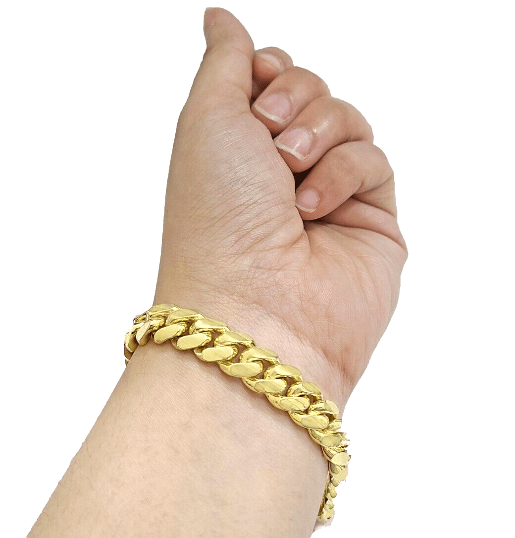 14k Solid Yellow Gold Miami Cuban Bracelet 10mm 9'' inch Real 14kt Unisex - Reva Jeweler