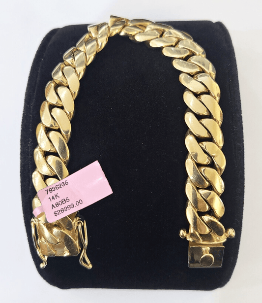 14K Solid Yellow Gold Miami Cuban Bracelet Box Clasp 7.5" Inch 12mm Link - Reva Jeweler