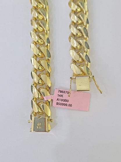 14K Solid Yellow Gold Miami Cuban Bracelet Box Clasp 9 Inch 13mm Link ON SALE - GoldenlinQ