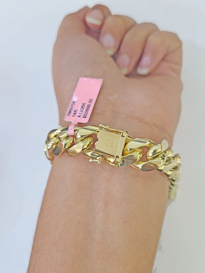 14K Solid Yellow Gold Miami Cuban Bracelet Box Clasp 9.5" Inch 13mm Link - Reva Jeweler