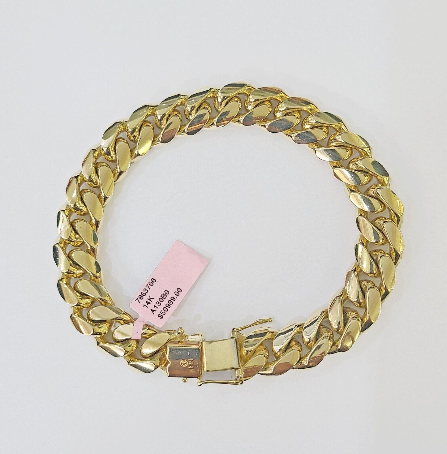 14K Solid Yellow Gold Miami Cuban Bracelet Box Clasp 9.5" Inch 13mm Link - Reva Jeweler