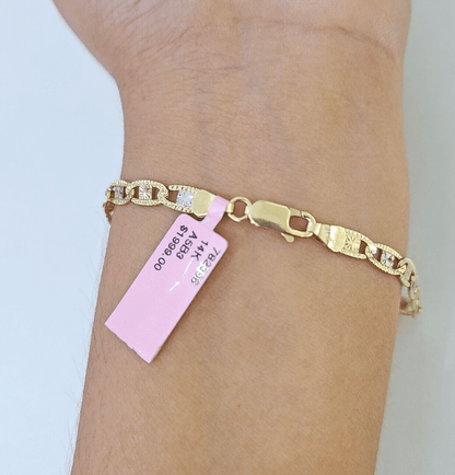 14k valentino Trio Gold Women's Link Bracelet 7.5" inches 4mm Diamond Cuts - Reva Jeweler