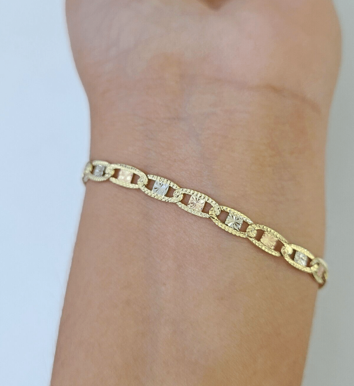 14k valentino Trio Gold Women's Link Bracelet 7.5" inches 4mm Diamond Cuts - Reva Jeweler