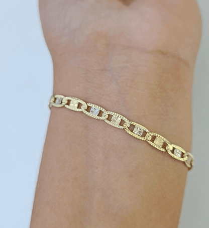 14k valentino Trio Gold Women's Link Bracelet 7.5" inches 4mm Diamond Cuts - Reva Jeweler