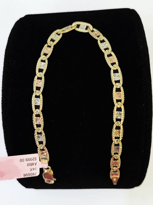 14k valentino Trio Gold Women's Link Bracelet 8" inches 5mm Diamond Cuts - Reva Jeweler