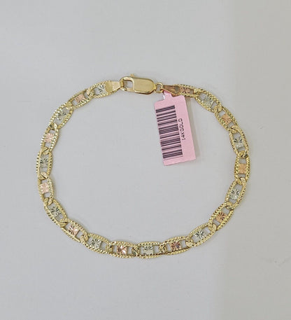 14k valentino Trio Gold Women's Link Bracelet 8" inches 5mm Diamond Cuts - Reva Jeweler