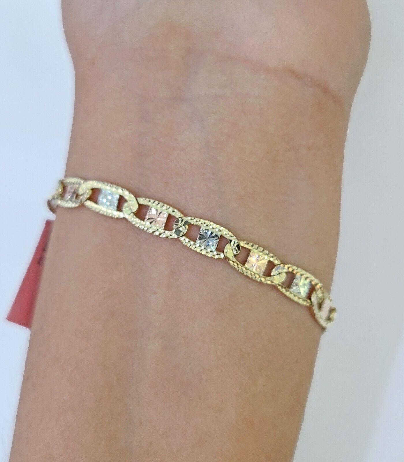 14k valentino Trio Gold Women's Link Bracelet 8" inches 5mm Diamond Cuts - Reva Jeweler