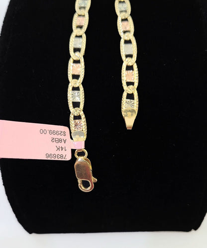 14k valentino Trio Gold Women's Link Bracelet 8" inches 5mm Diamond Cuts - Reva Jeweler