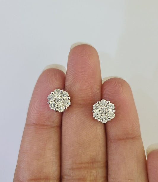 14k White Gold Flower Earrings Real Diamond Screw - Back Women Men Studs - GoldenlinQ
