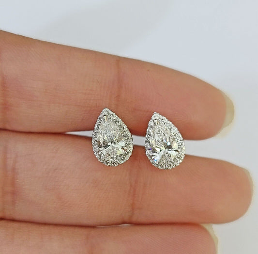 14k White gold Pear Earrings Diamond screw - back Lab Created Women Men Studs - Reva Jeweler