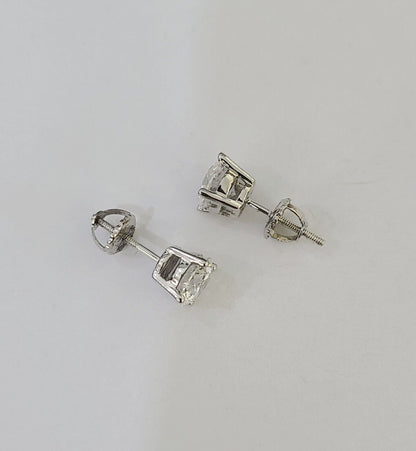 14k White gold Round Earrings Diamond screw - back Lab Created Women Men Studs - Reva Jeweler
