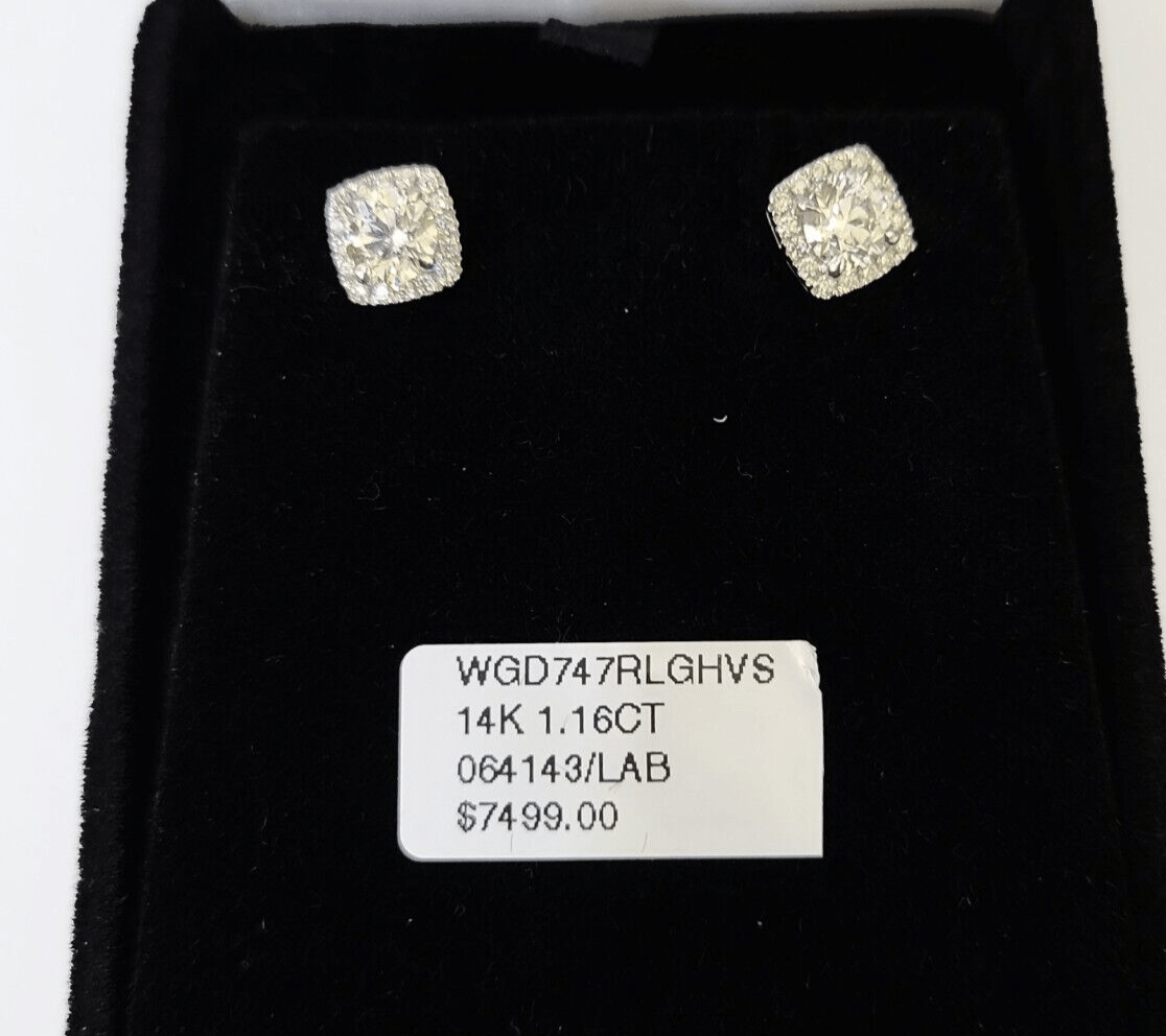 14k White gold Square Earrings Diamond screw - back Lab Created Women Men Studs - Reva Jeweler