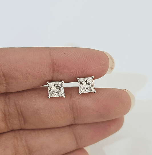 14k White gold Square Earrings Diamond screw - back Lab Created Women Men Studs - Reva Jeweler