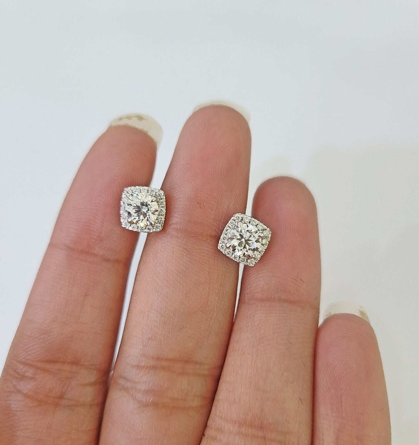 14k White gold Square Earrings Diamond screw - back Lab Created Women Men Studs - Reva Jeweler
