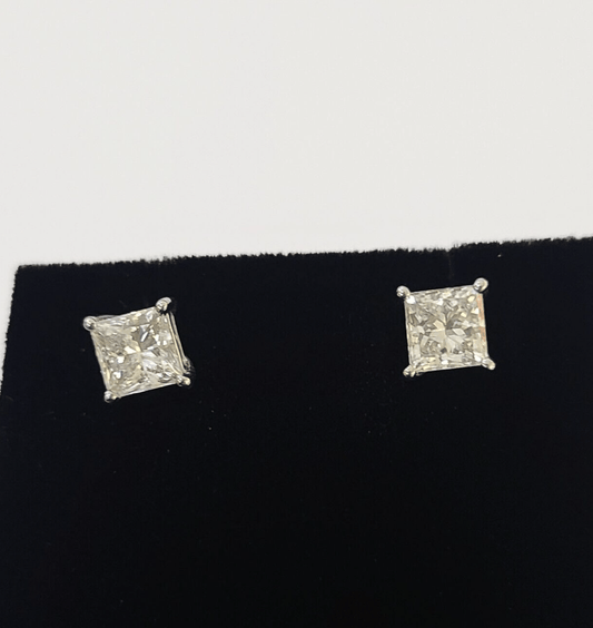 14k White gold Square Earrings Diamond screw - back Lab Created Women Men Studs - Reva Jeweler