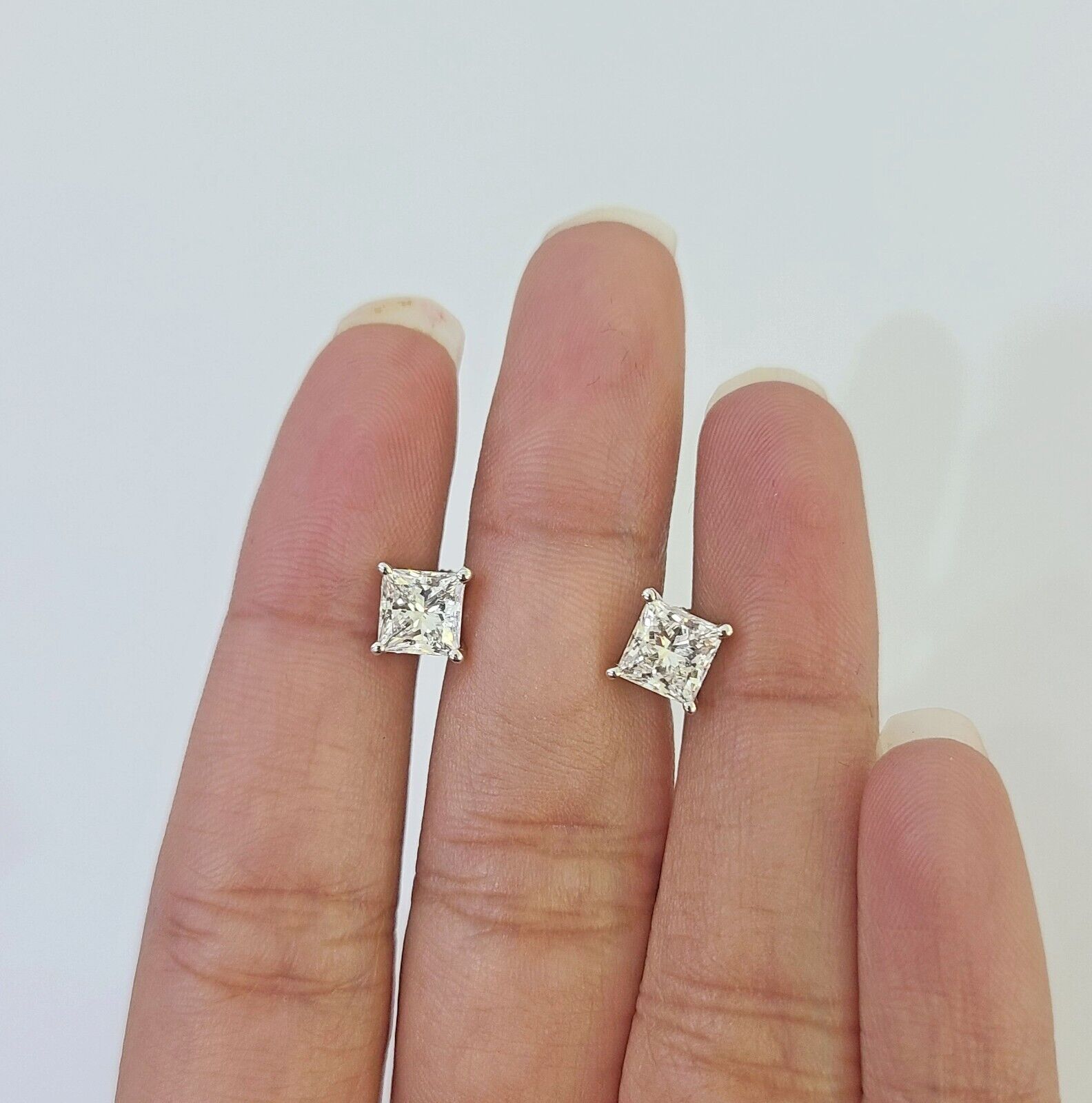 14k White gold Square Earrings Diamond screw - back Lab Created Women Men Studs - Reva Jeweler