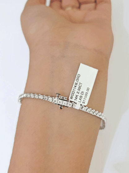 14k White Gold Tennis Bracelet Lab Created Diamond 2.99Ct Box Clasp Real Women - Reva Jeweler