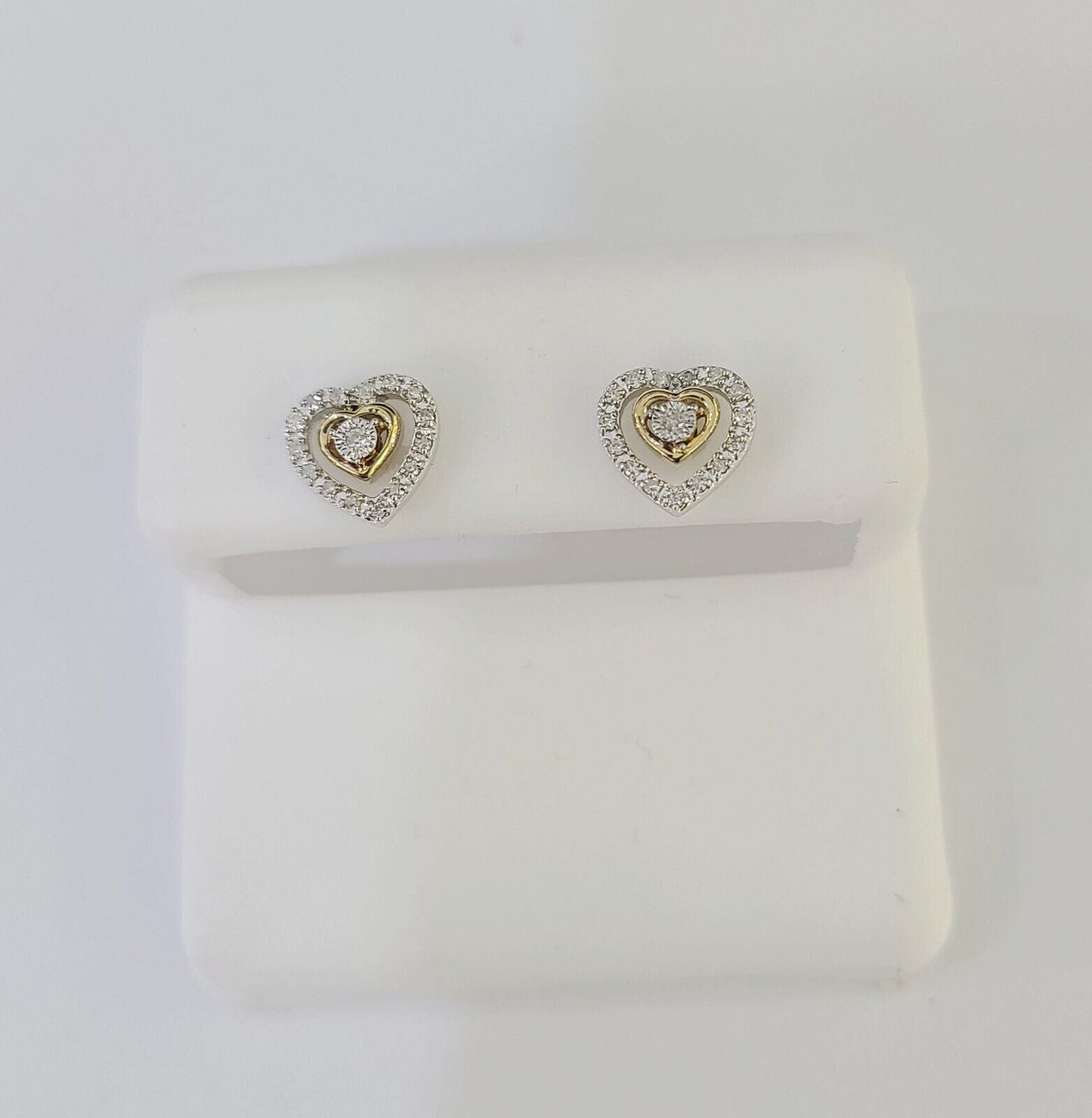 14k White Yellow Gold Heart Earrings Diamond screw - back Women Men Studs Natural - GoldenlinQ