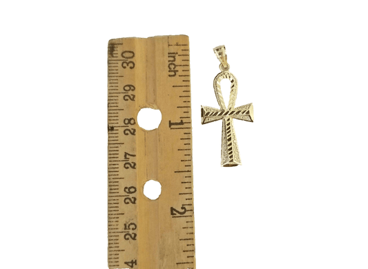 14k Yellow Gold Ankh Cross Charm Pendant 1.5'' Diamond Cut Chain Real 14kt SALE - Reva Jeweler