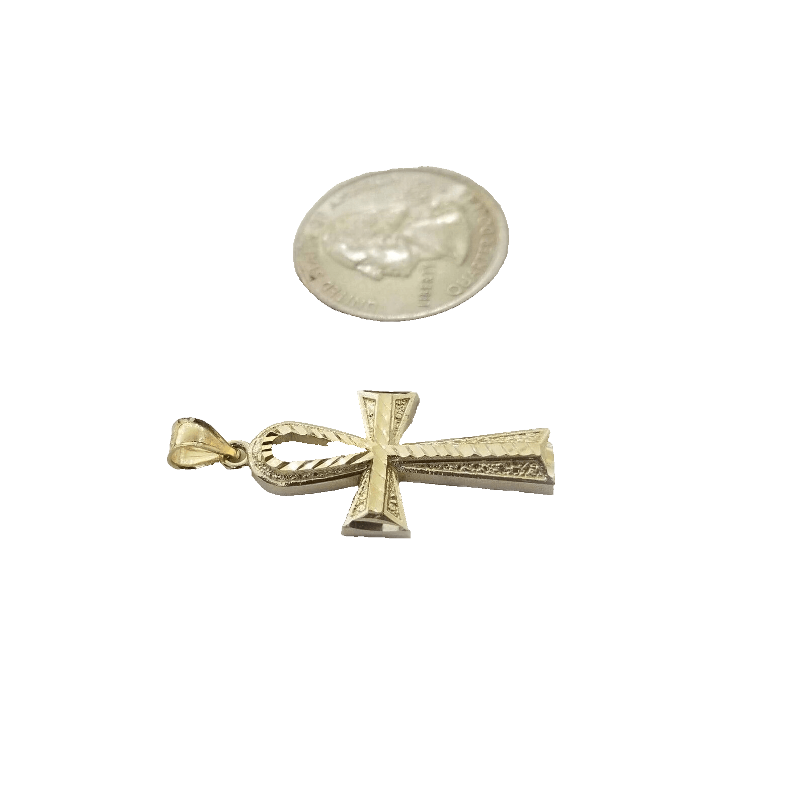 14k Yellow Gold Ankh Cross Charm Pendant 1.5'' Diamond Cut Chain Real 14kt SALE - Reva Jeweler