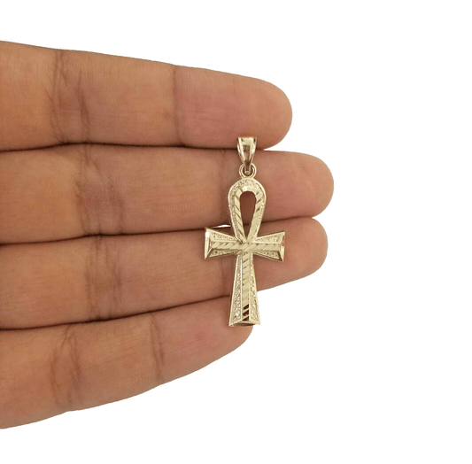 14k Yellow Gold Ankh Cross Charm Pendant 1.5'' Diamond Cut Chain Real 14kt SALE - Reva Jeweler