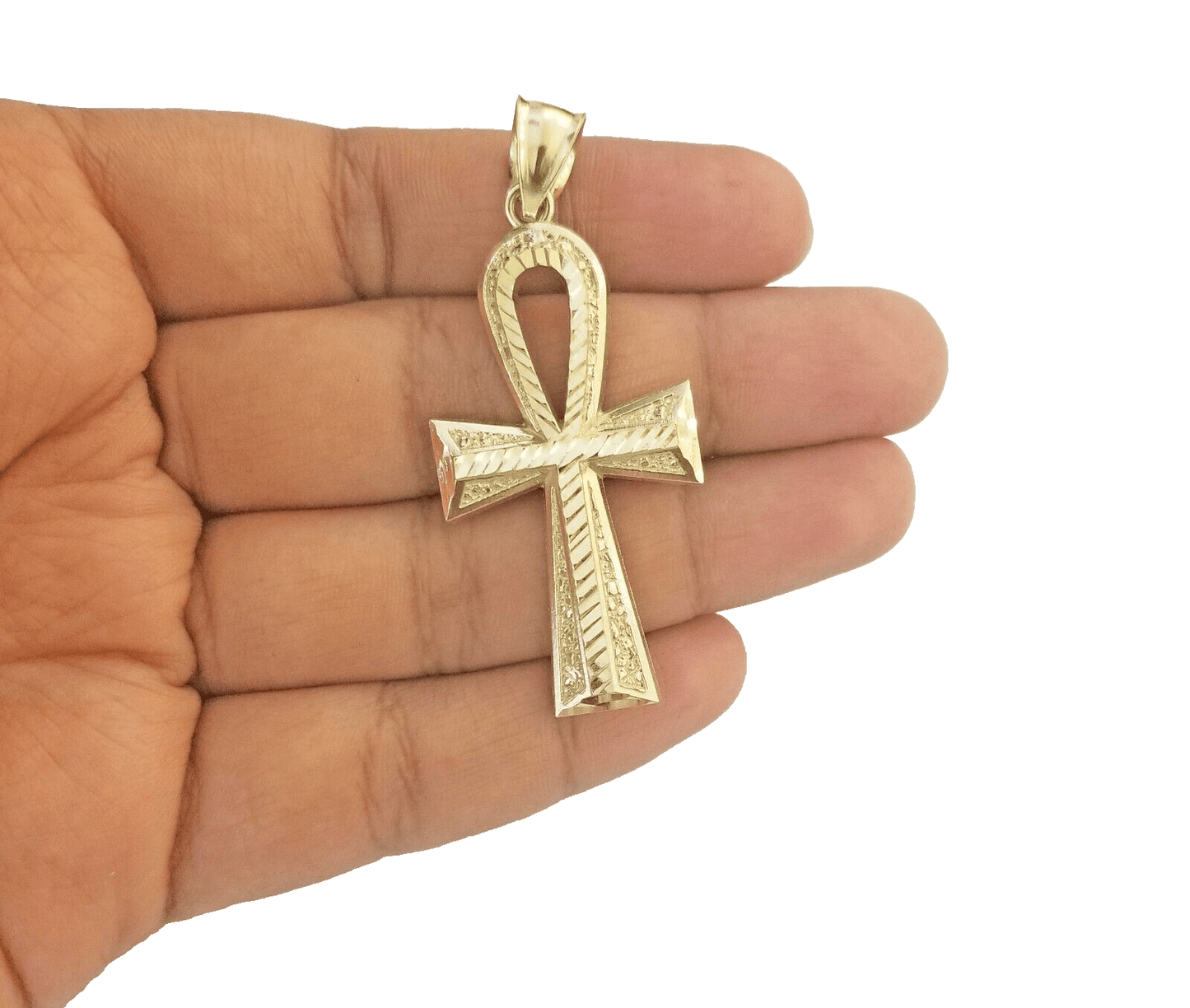 14k Yellow Gold Ankh Cross Charm Pendant 2''Diamond Cut 14kt Necklace Chain SALE - Reva Jeweler