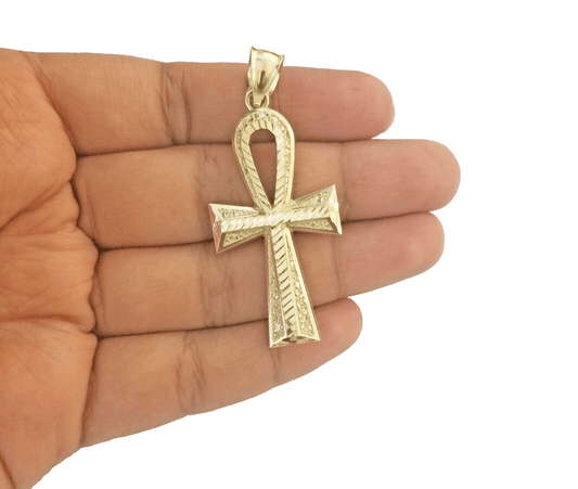14k Yellow Gold Ankh Cross Charm Pendant 2''Diamond Cut 14kt Necklace Chain SALE - Reva Jeweler