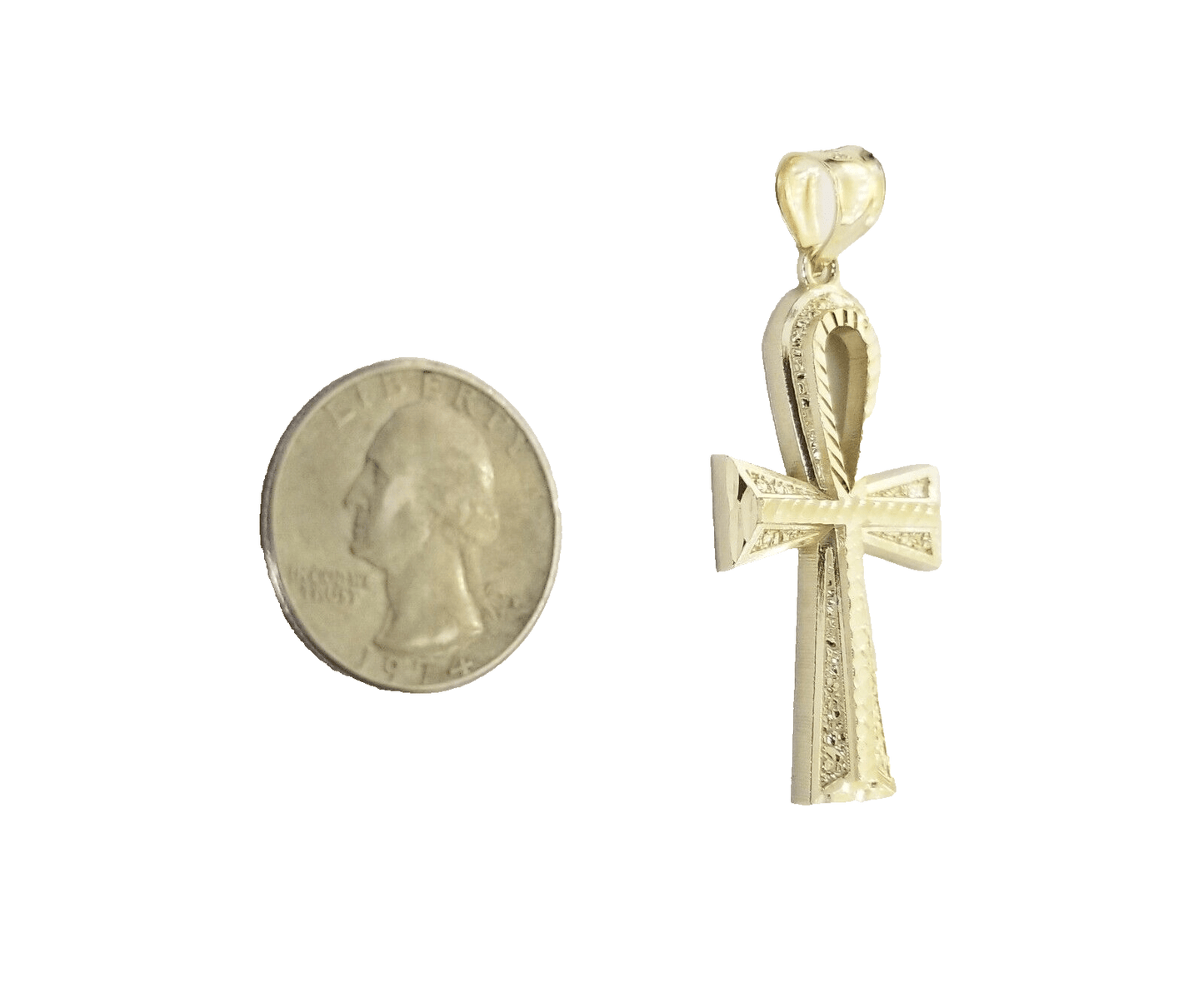 14k Yellow Gold Ankh Cross Charm Pendant 2''Diamond Cut 14kt Necklace Chain SALE - Reva Jeweler