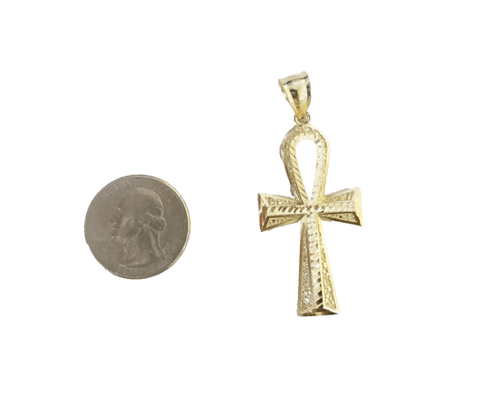 14k Yellow Gold Ankh Cross Charm Pendant 2''Diamond Cut 14kt Necklace Chain SALE - Reva Jeweler